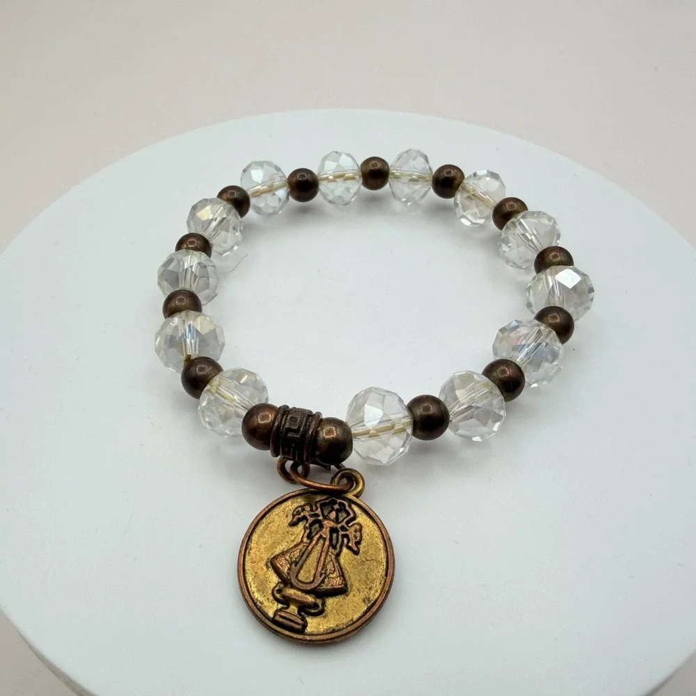Vintage 80s Clear Beaded Stretch Bracelet Bronze Saint Medal Charm Retro Jewelry